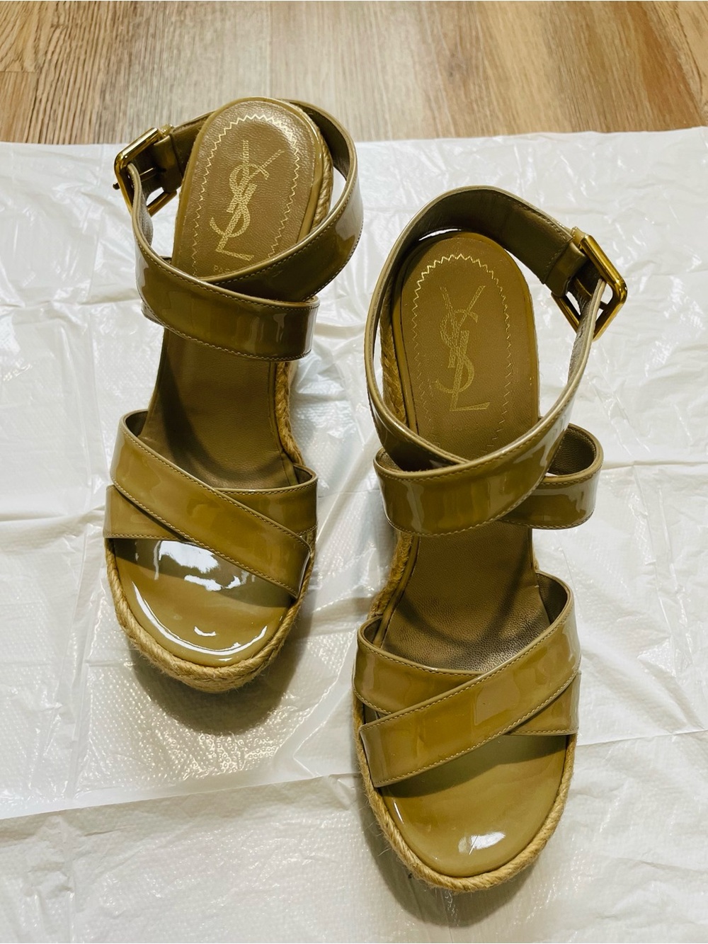 YVES Saint Laurent Olive Patent Espadrille Wedge Sandals with Ankle Strap